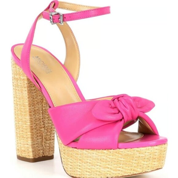 Michael Kors Sadie Pink Leather Bow Platform Sandals - SZ 9 - NWOT - Picture 1 of 11